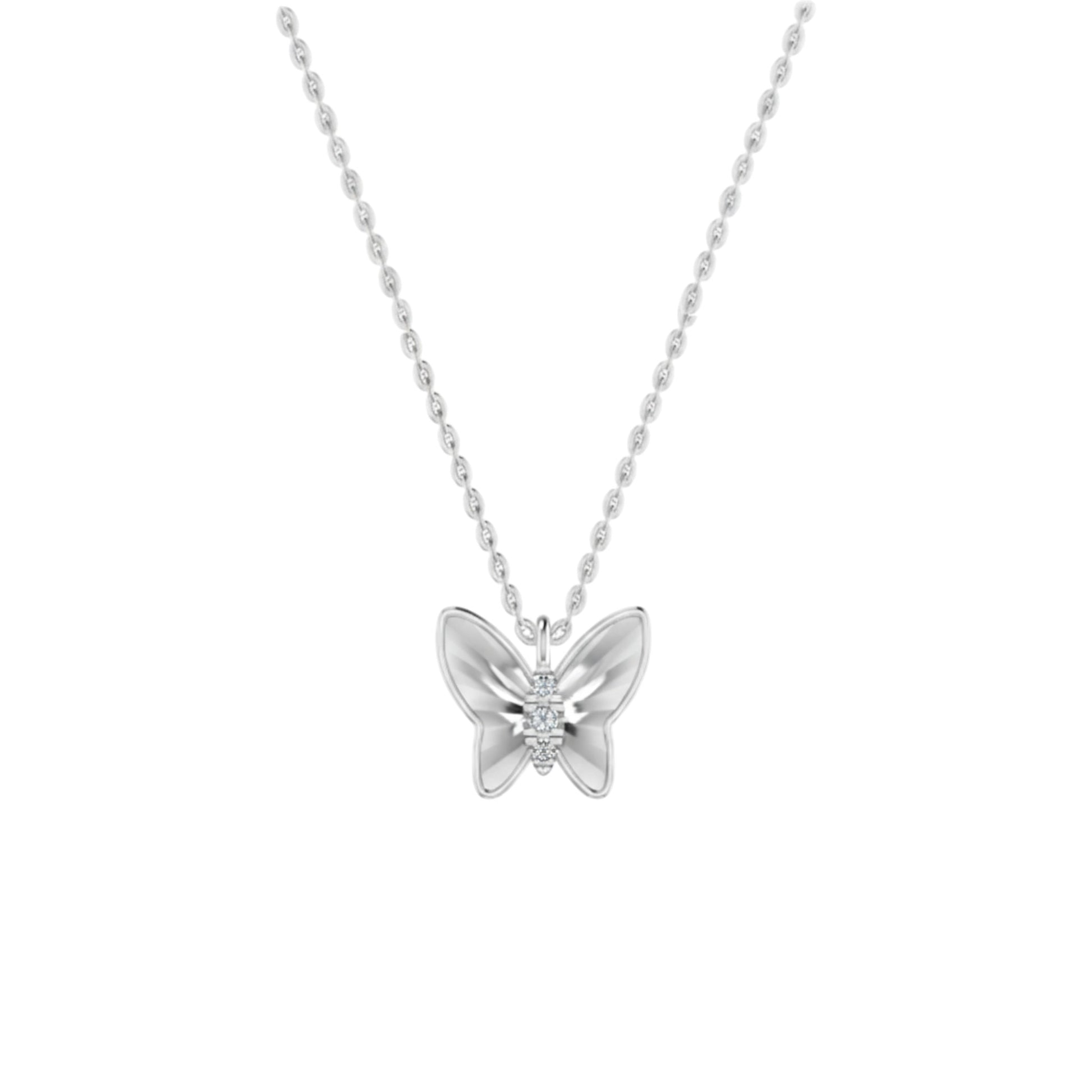 Silver butterfly necklace on a white background