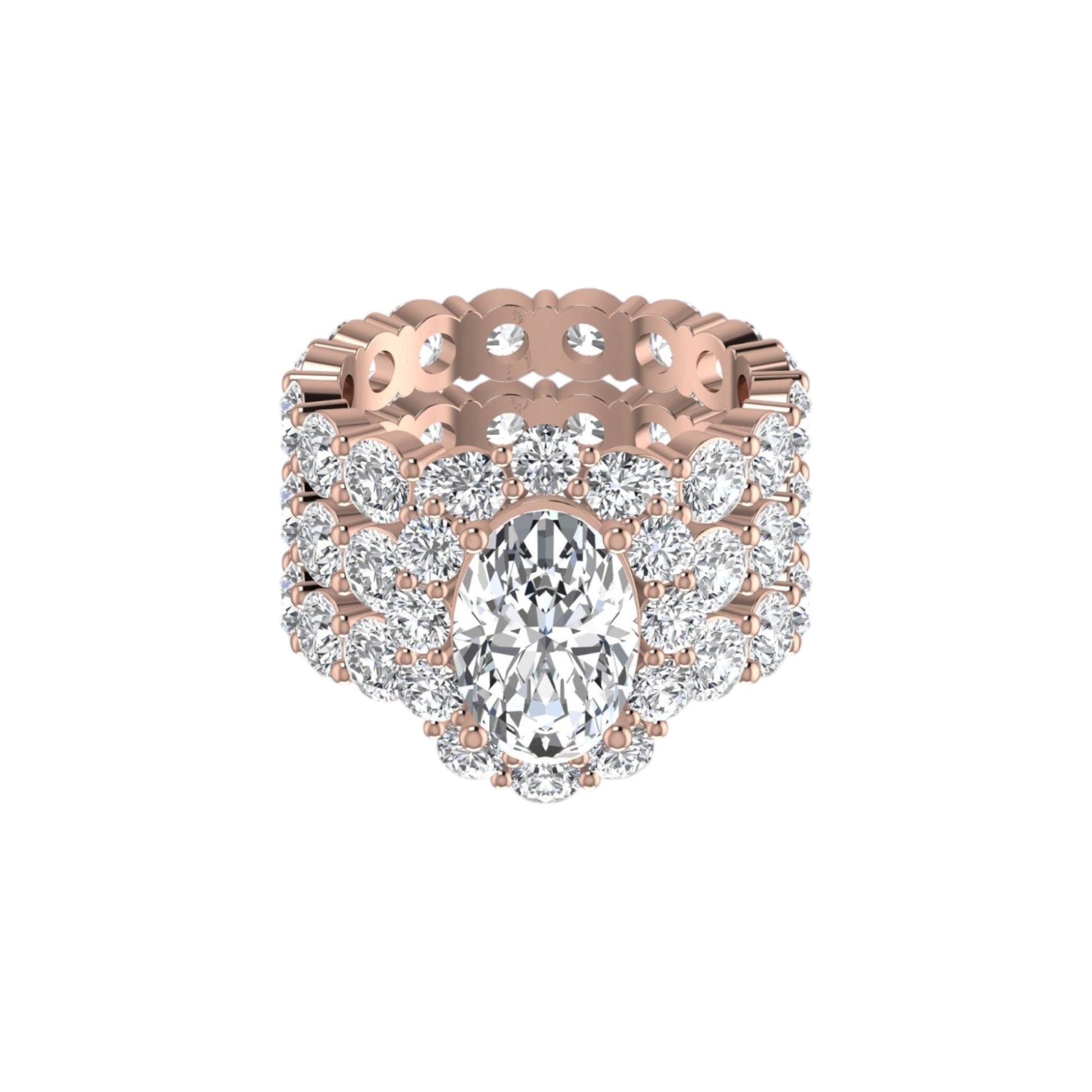 Rose gold ring with a large diamond and smaller diamonds on a white background