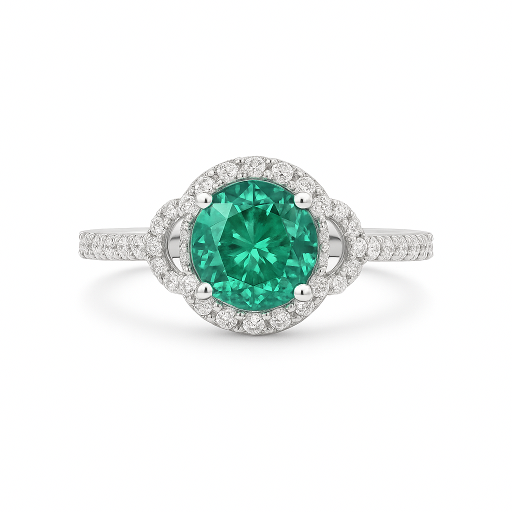 Ring with a green gemstone and diamond-studded halo on a white background