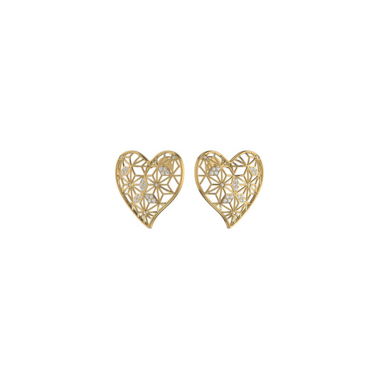 Gold heart-shaped earrings with intricate designs on a white background
