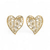 Gold heart-shaped earrings with diamond-like stones on a white background