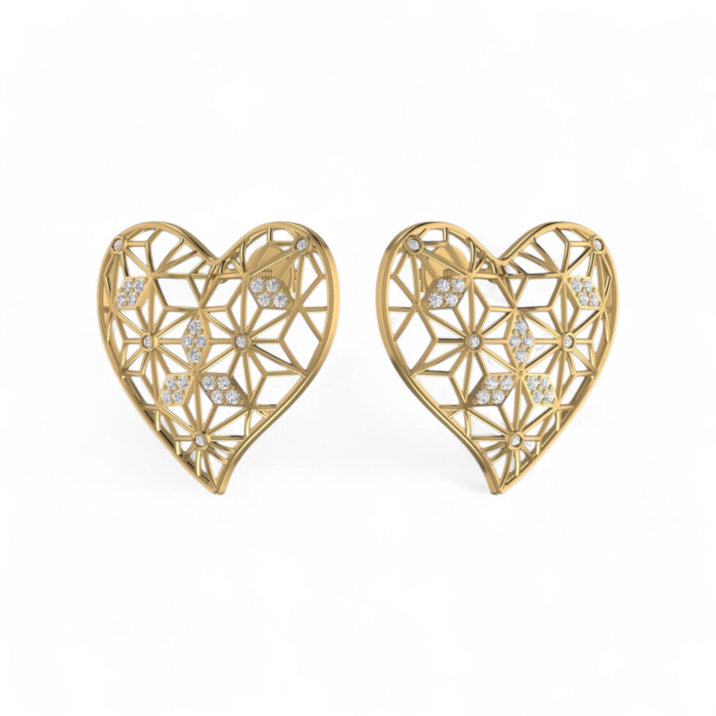 Gold heart-shaped earrings with diamond-like stones on a white background