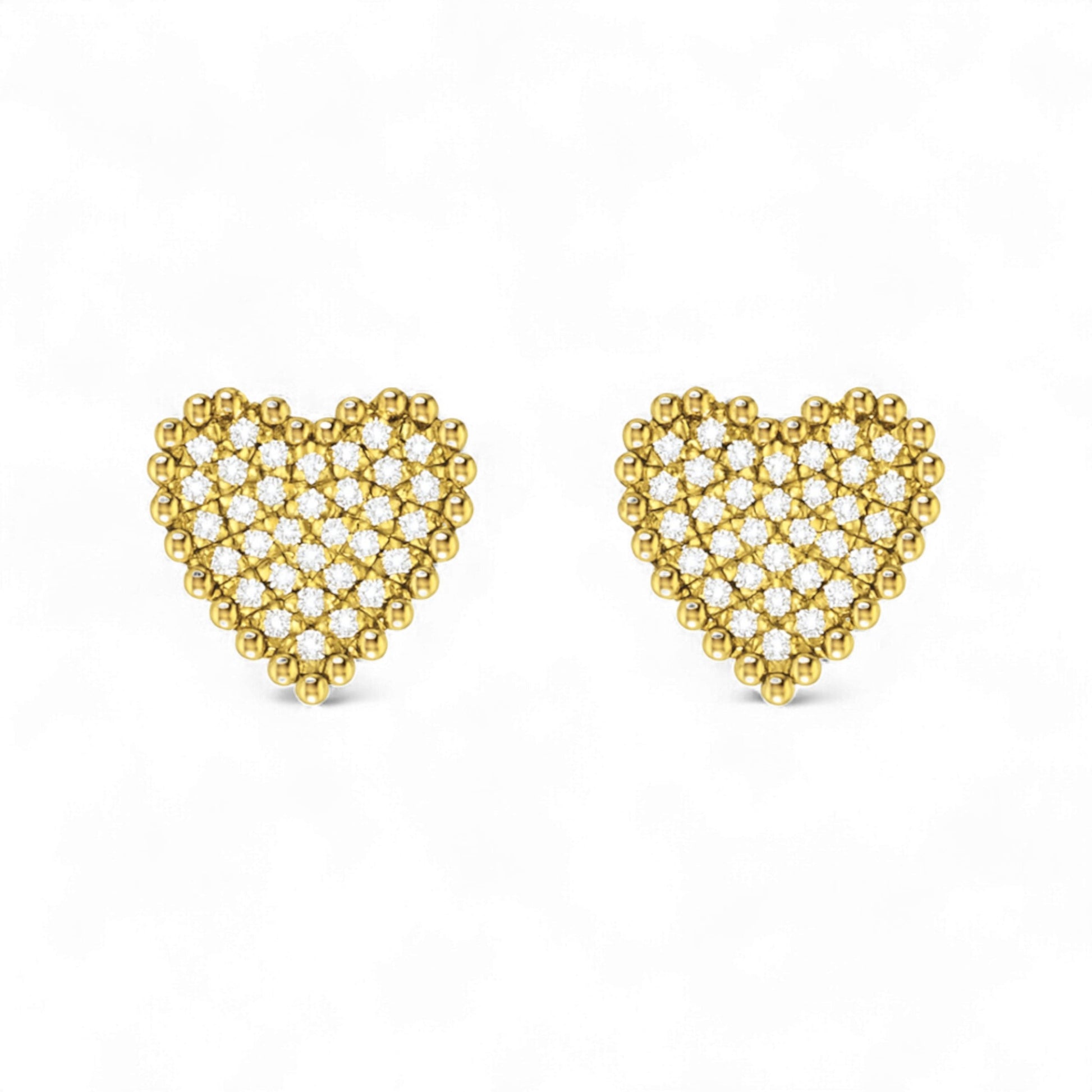 Heart-shaped gold earrings with a lattice design on a white background