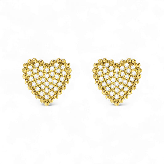 Heart-shaped gold earrings with a lattice design on a white background