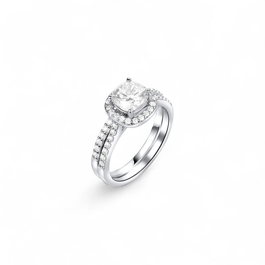 Silver ring with a diamond on a white background