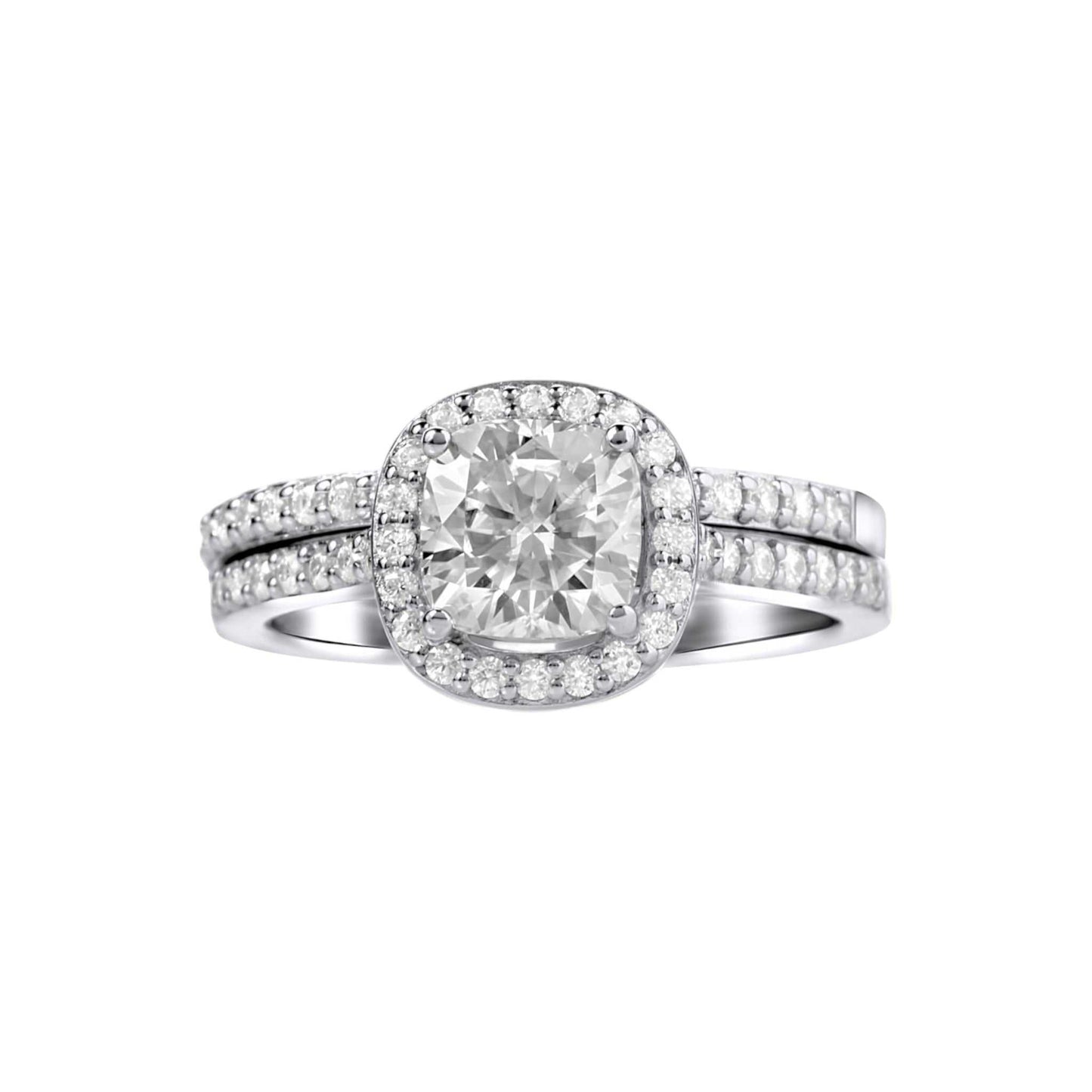 Classic Cushion Cut Moissanite engagement ring set in 925 sterling silver with halo design
