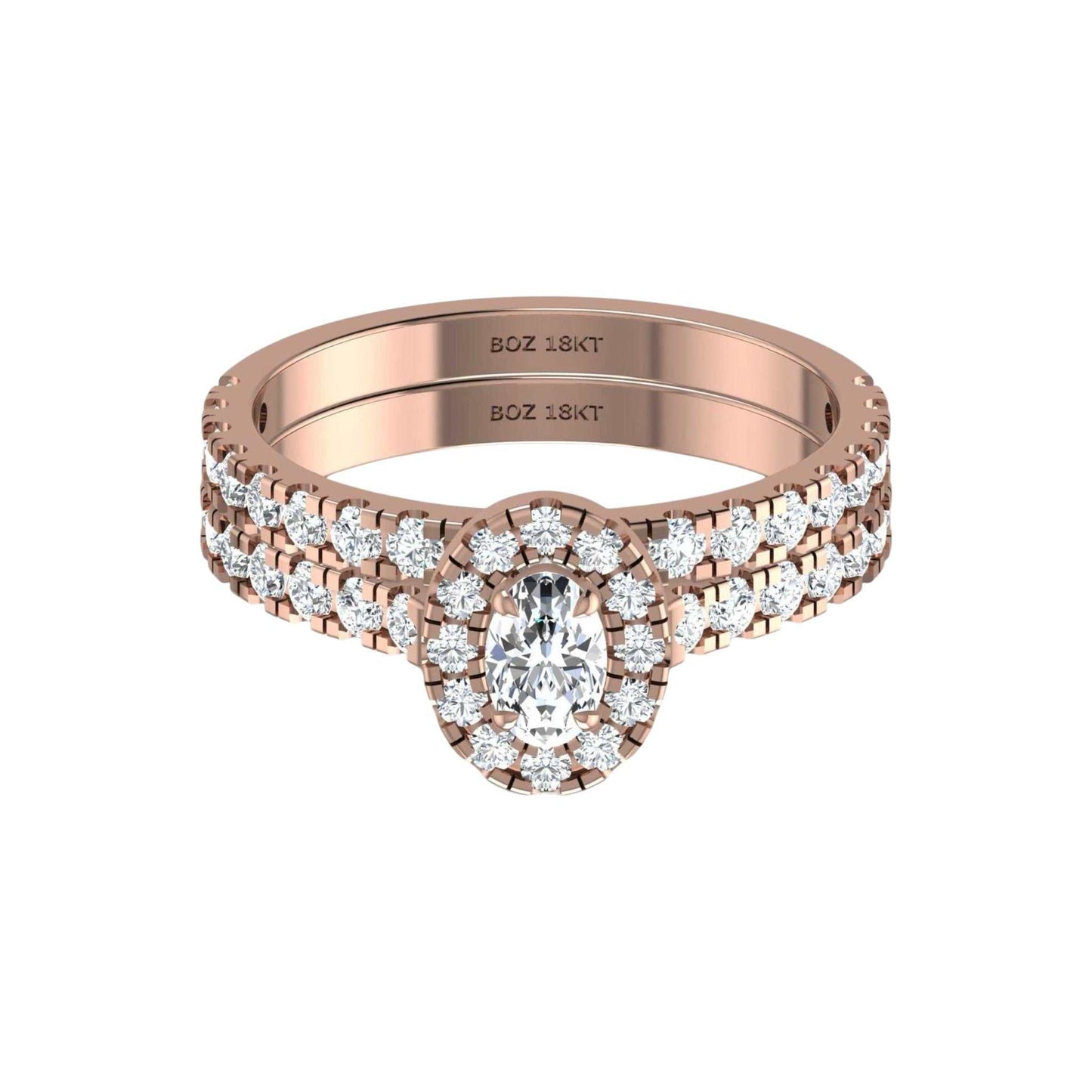 Rose gold ring with diamond accents on a white background
