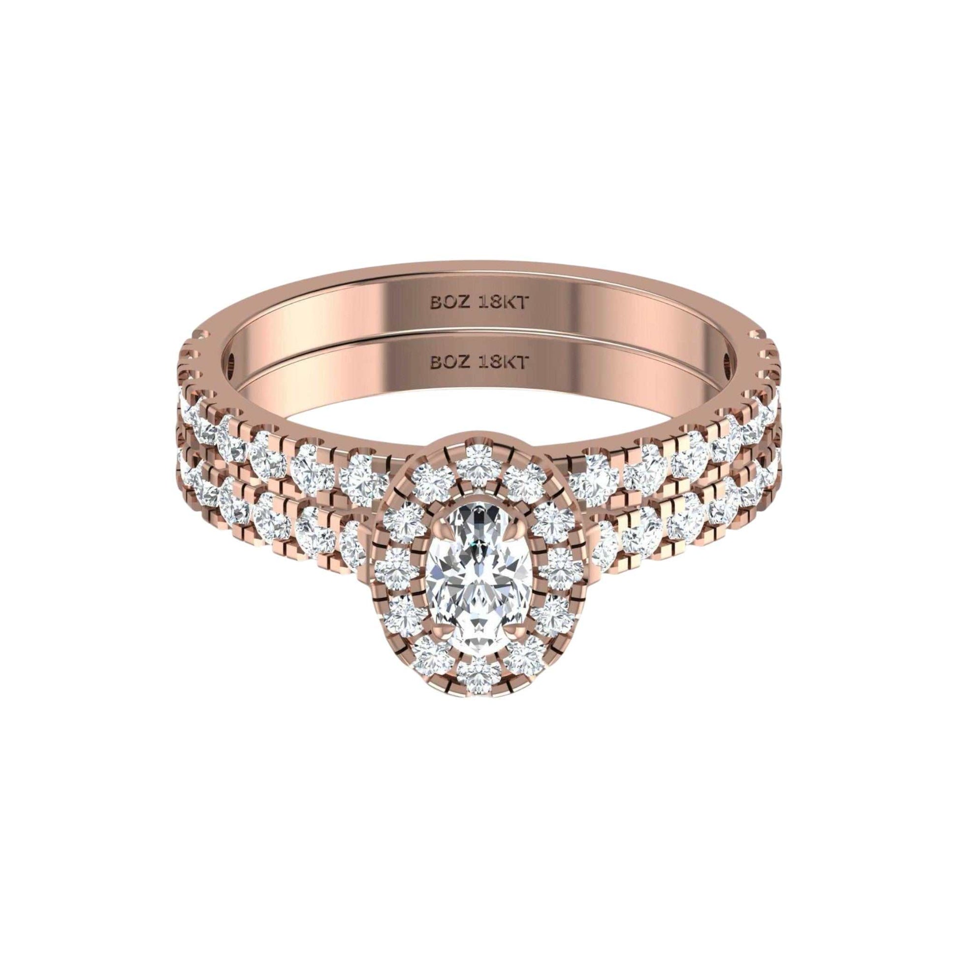 Rose gold ring with diamond accents on a white background