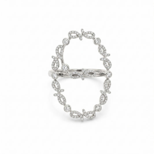 A silver-toned ring featuring an openwork oval design paved with small clear stones, displayed on a clean white background.