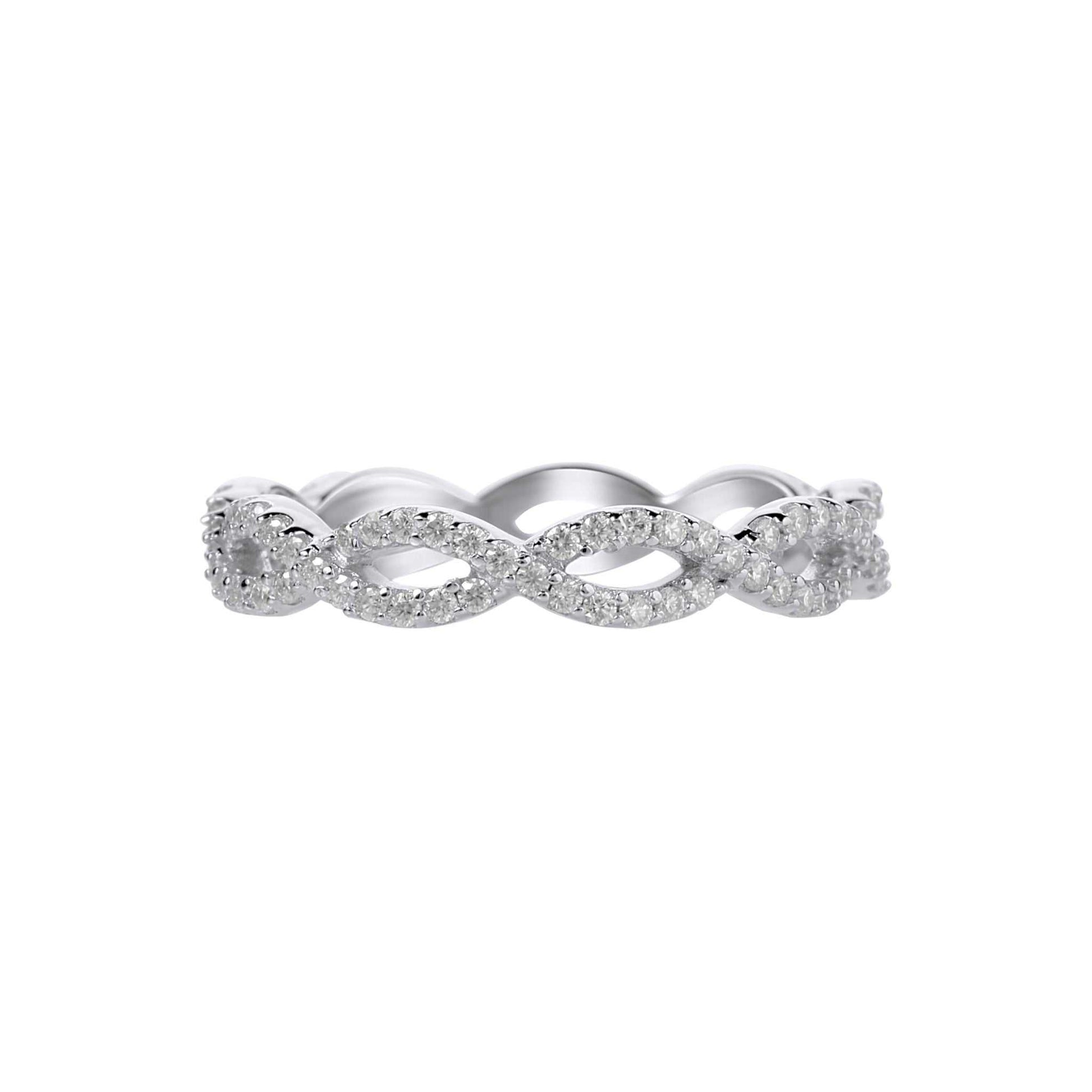Infinity Moissanite Band in 925 sterling silver with sparkling round-cut stones and infinity design