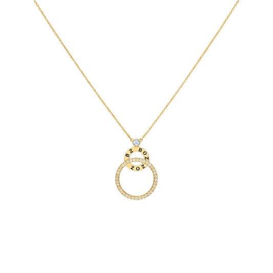 Interlocked Ring Diamond Necklace in 18KT gold with two interlocking rings, one diamond-adorned, symbolizing unity and love.