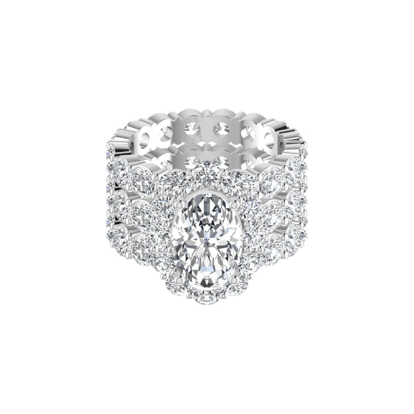 Diamond ring with a central gemstone and smaller diamonds on a white background