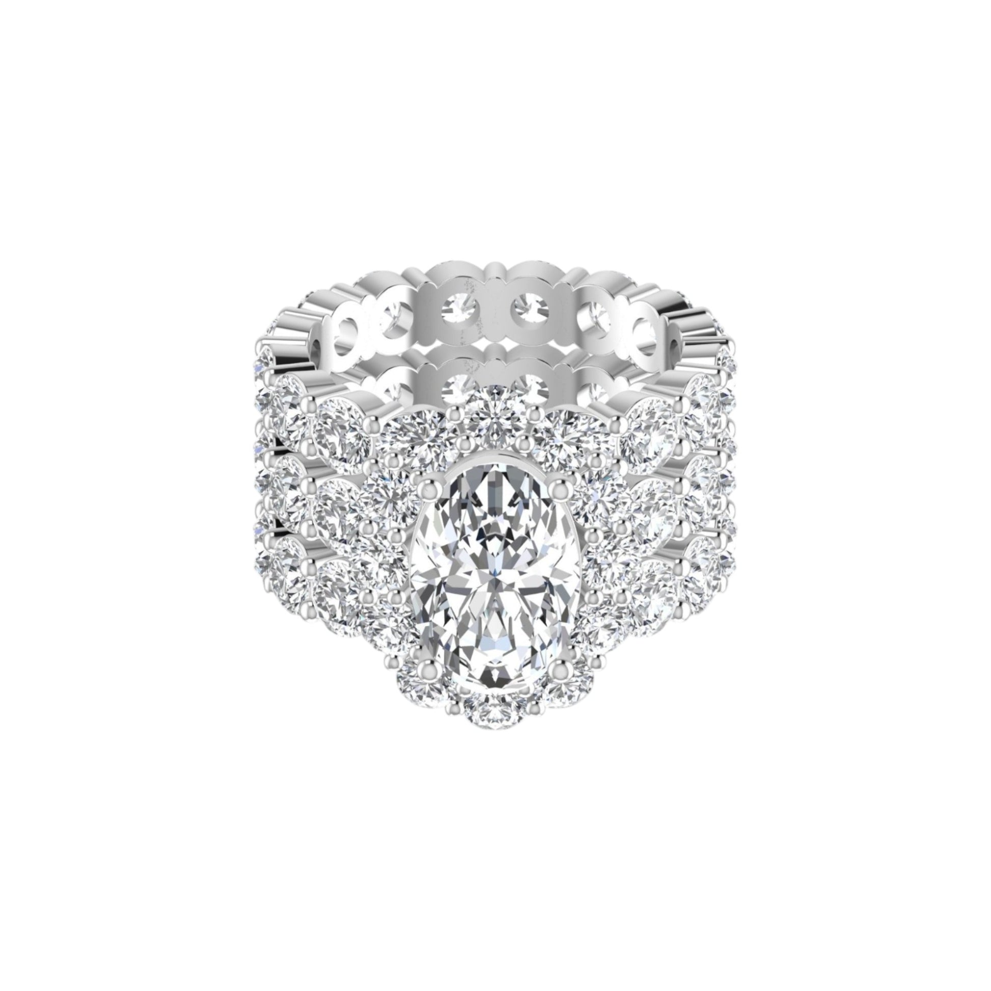 Diamond ring with a central gemstone and smaller diamonds on a white background