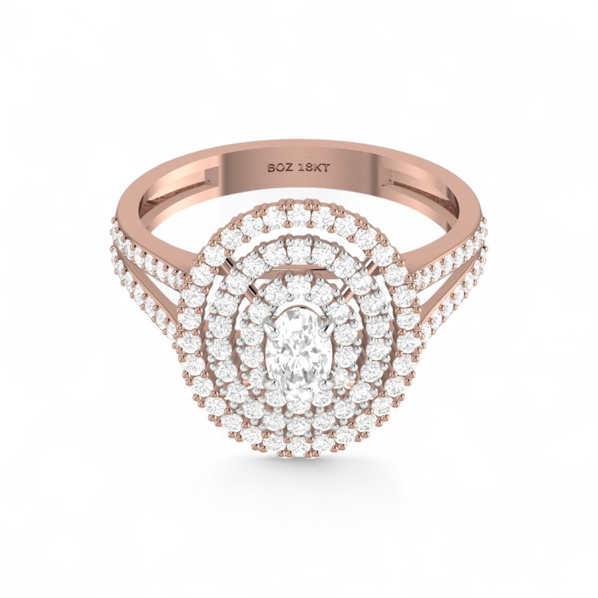 Rose gold ring with diamond accents on a white background