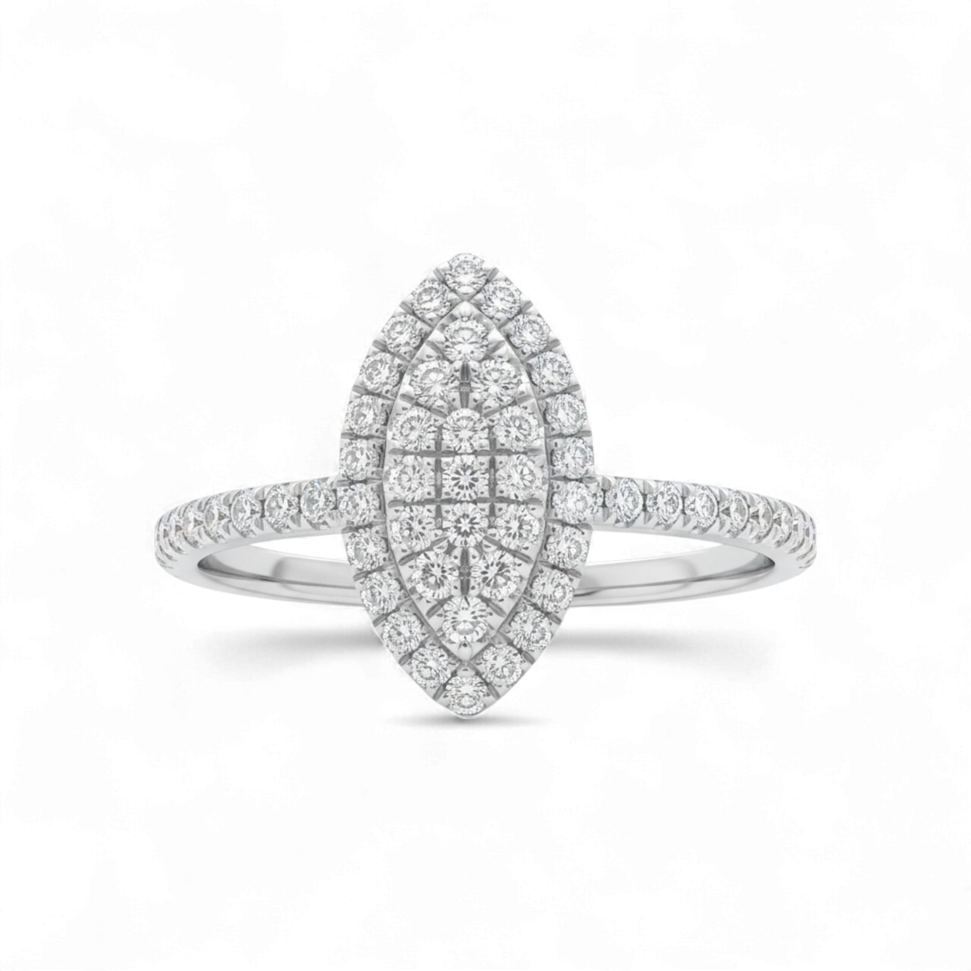 Diamond ring with a marquise-shaped center on a white background