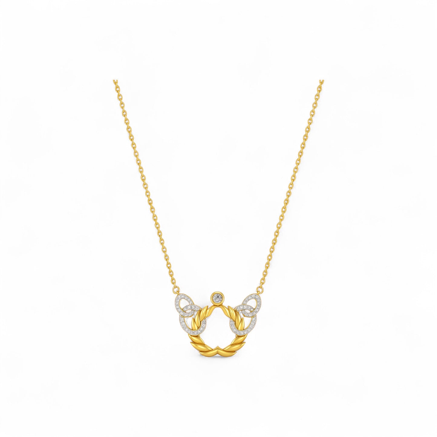 Gold necklace with a horse shoe pendant on a white background