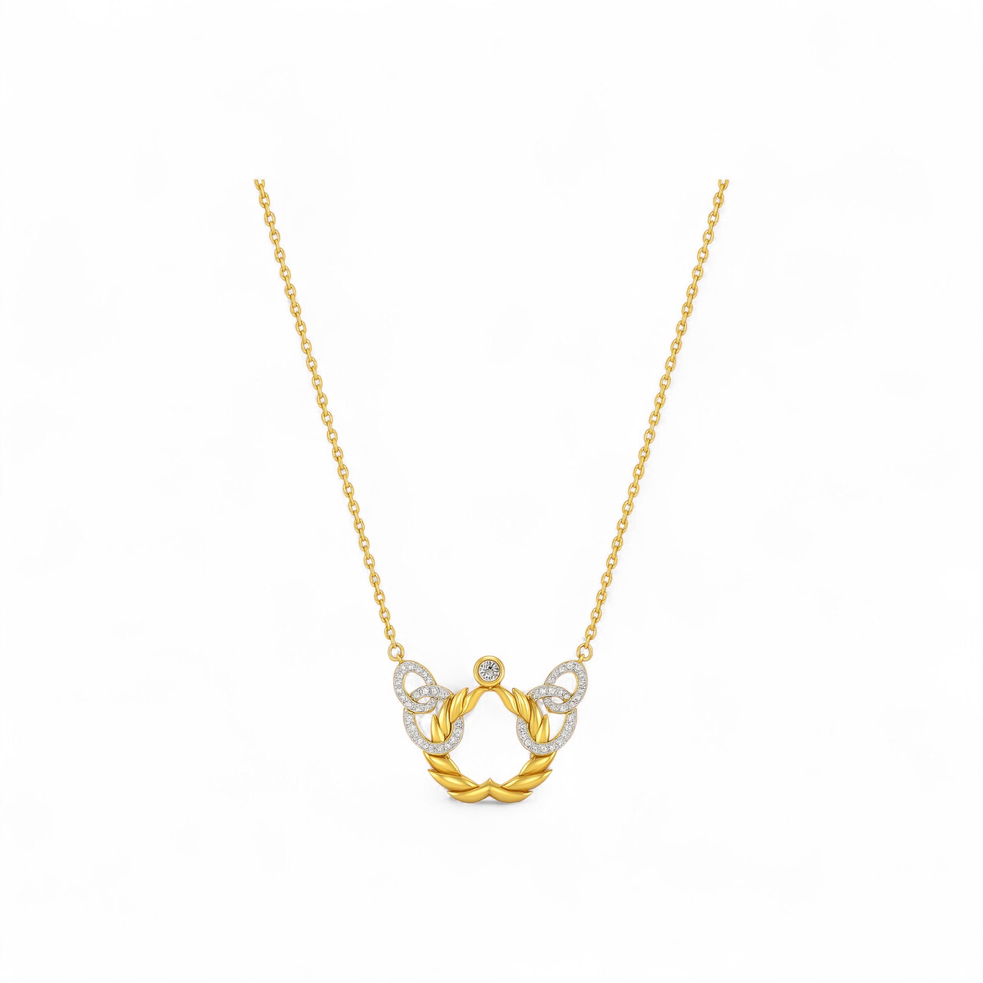 Gold necklace with a horse shoe pendant on a white background