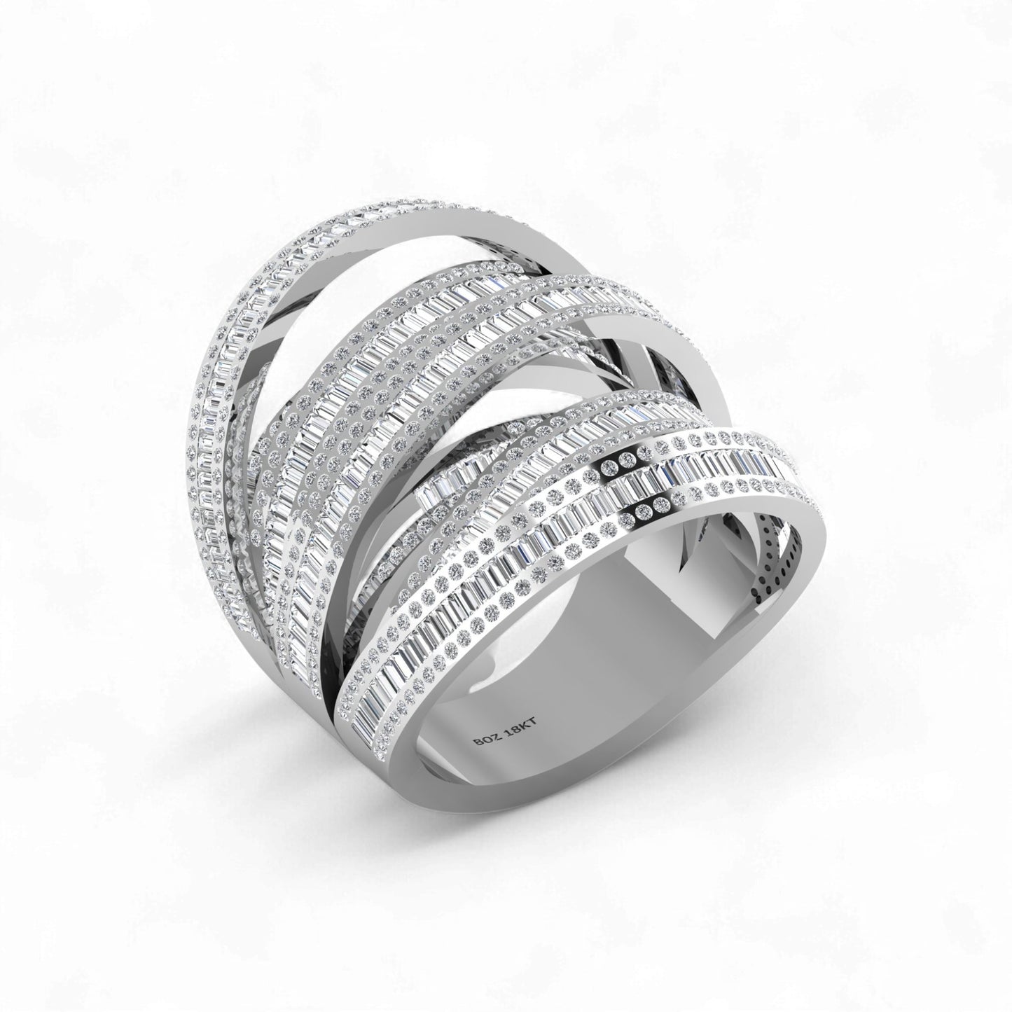 Layered Crisscross Baguette Cut Tri Tone Moissanite Ring in 18 karat Gold