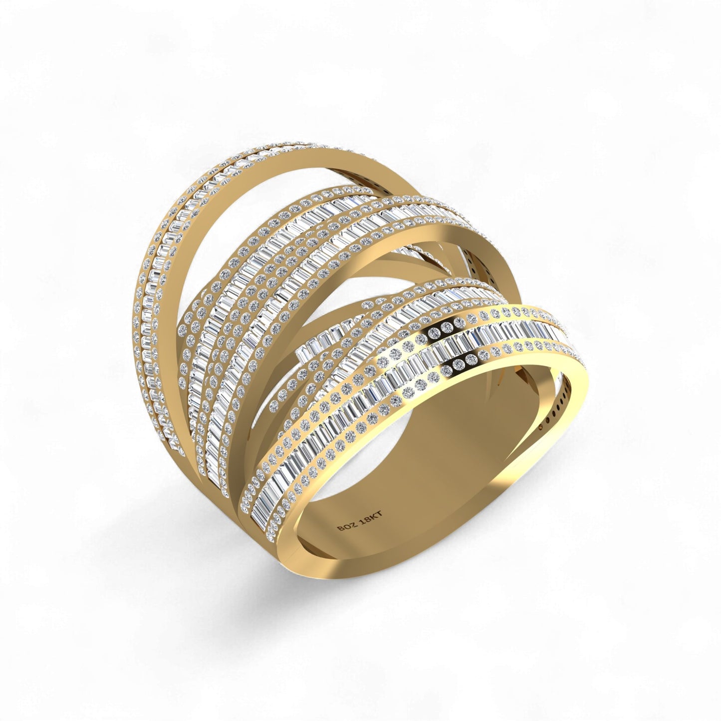 Layered Crisscross Baguette Cut Tri Tone Moissanite Ring in 18 karat Gold