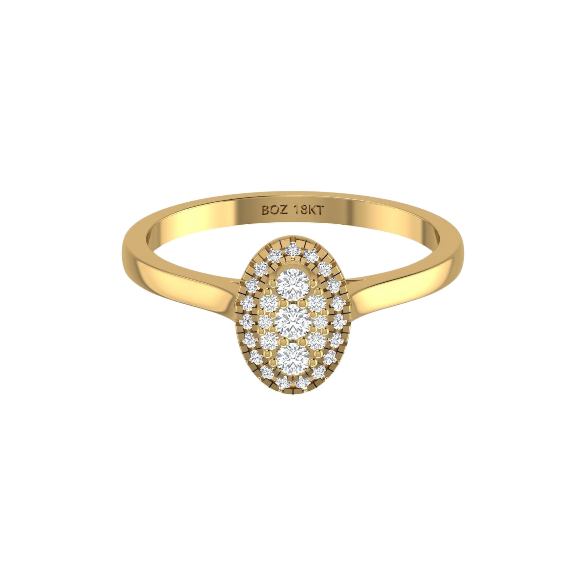 Gold ring with diamond oval design on a white background