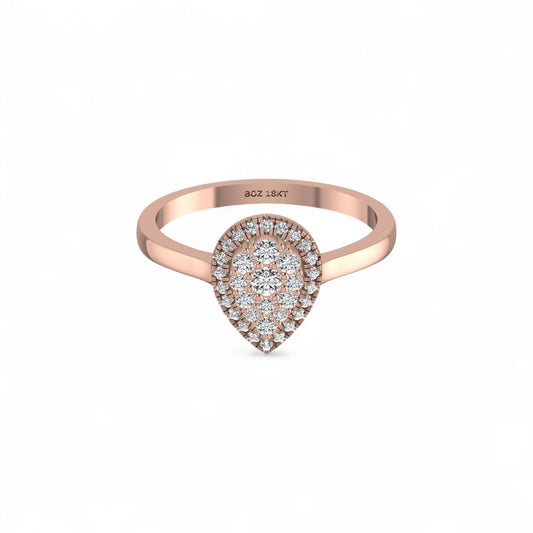 Rose gold ring with a teardrop-shaped diamond design on a white background