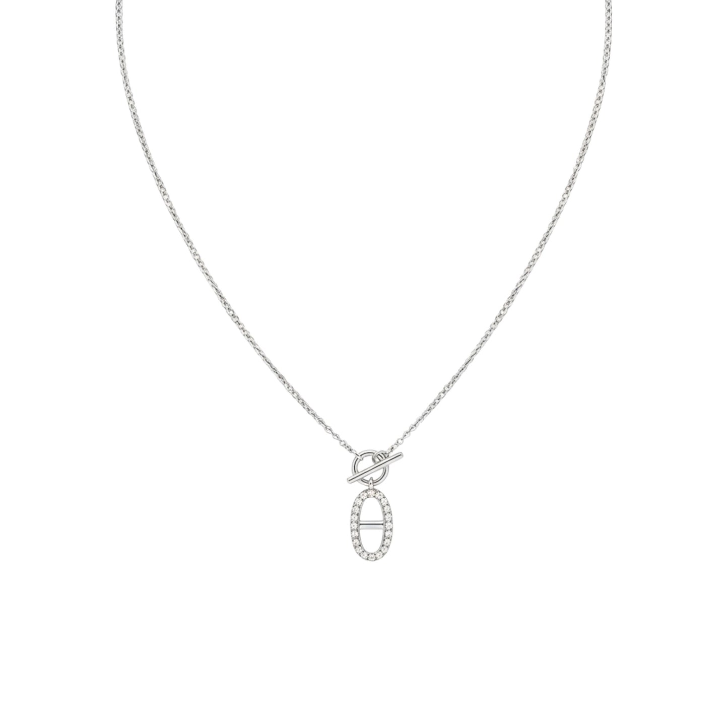 Silver necklace with a heart and oval pendant on a white background