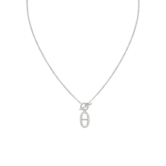 Silver necklace with a heart and oval pendant on a white background