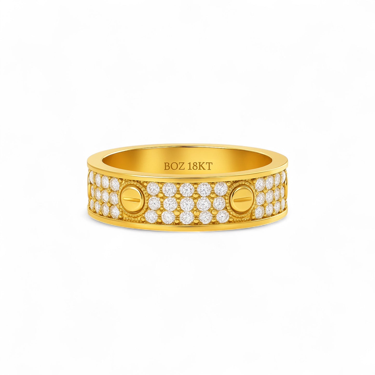 Gold ring with diamond accents on a white background