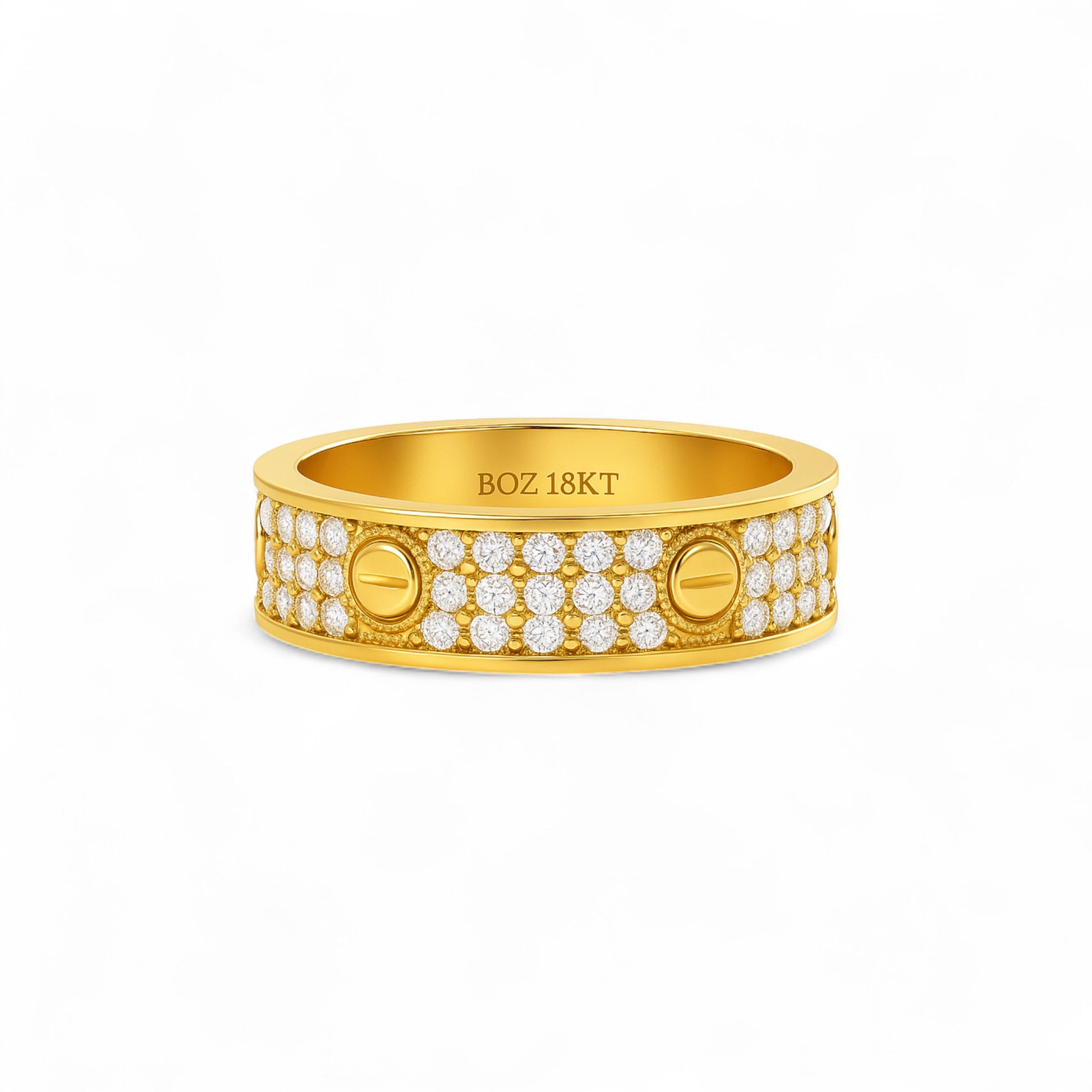 Gold ring with diamond accents on a white background