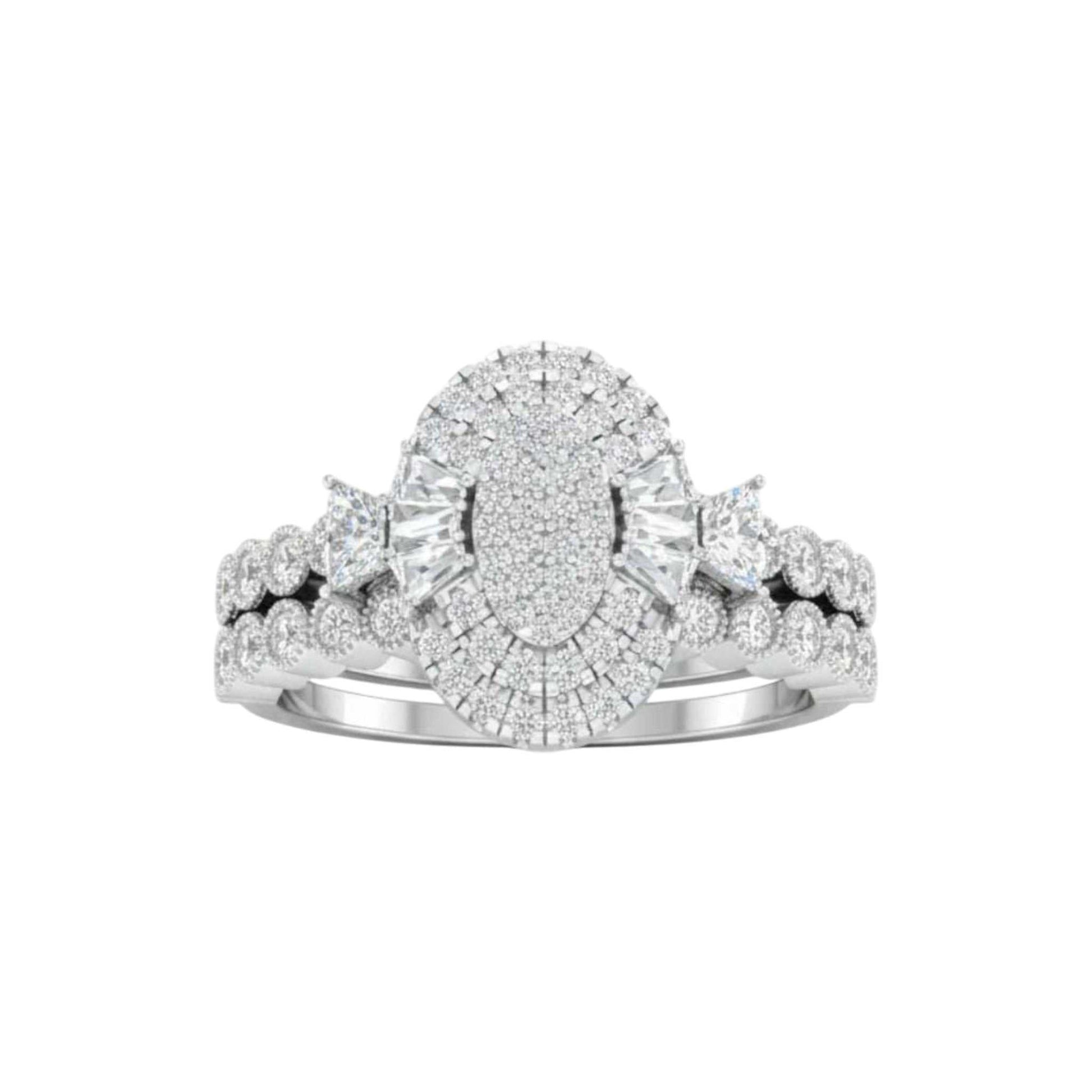 Lucy Oval Cut Diamond cluster bridal ring set in 18KT gold with oval center and halo diamonds