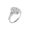 Diamond ring with a central oval-cut diamond and smaller round diamonds on a white background