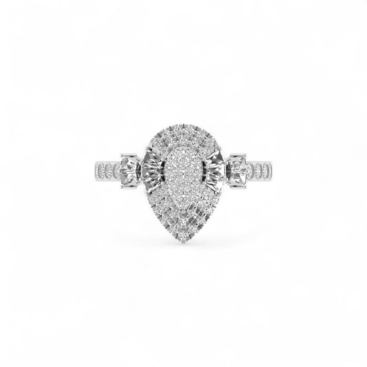Diamond ring with pear-shaped center stone on a white background