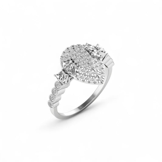 Silver ring with diamond accents on a white background