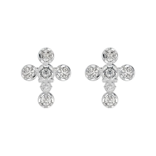 Pair of silver cross-shaped earrings with clear gemstones on a white background