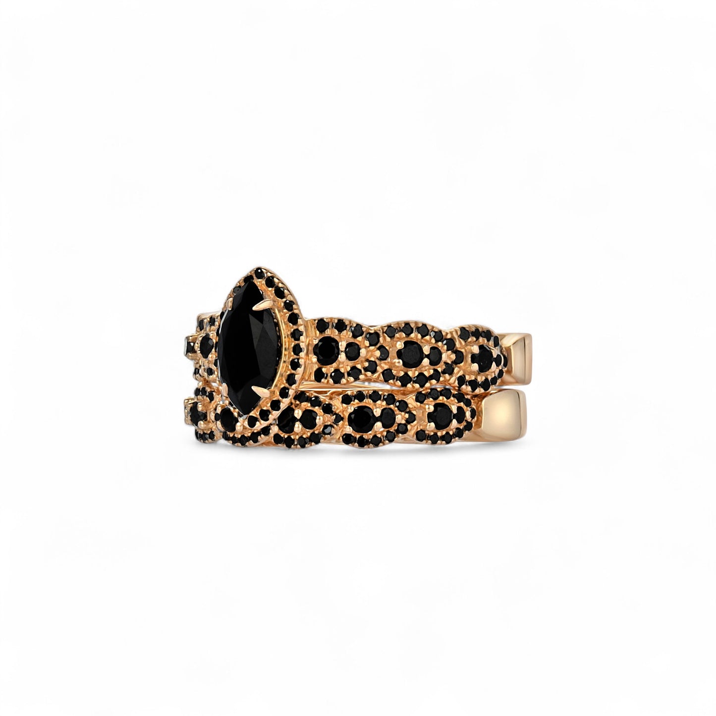 Ruby Marquise Cut Black Diamond Cluster Bride Set in 18K Gold