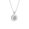 Silver necklace with a round pendant on a white background