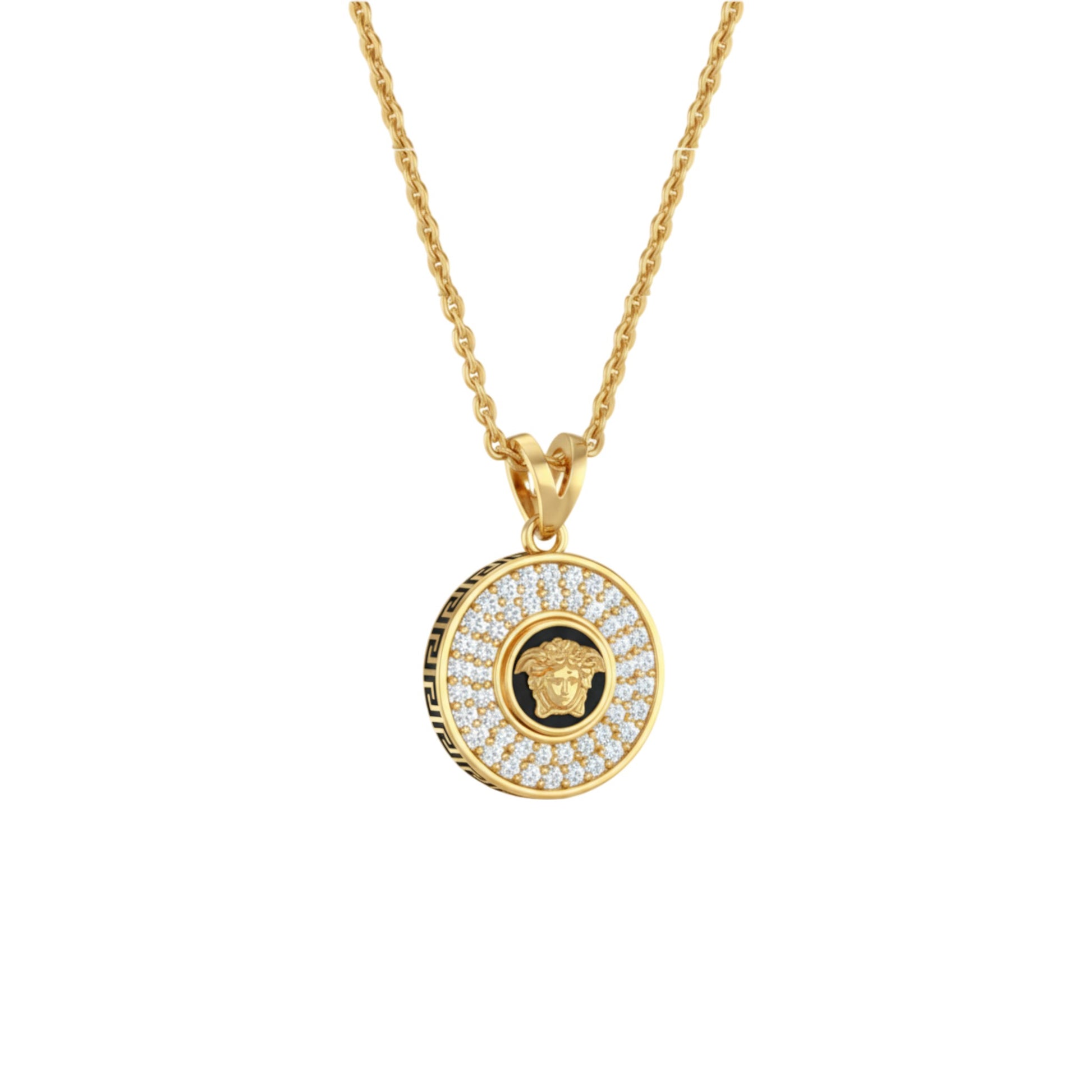 Gold necklace with a round pendant featuring a face design on a white background