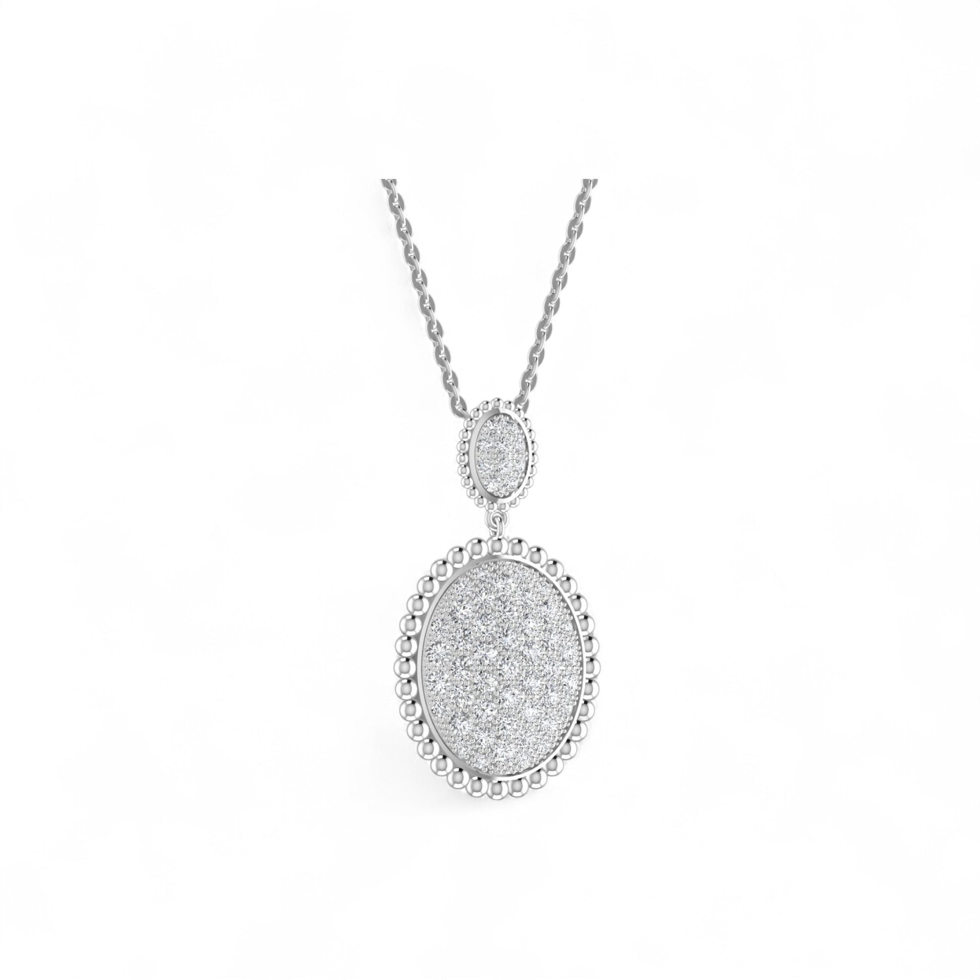 Silver necklace with an oval pendant on a white background