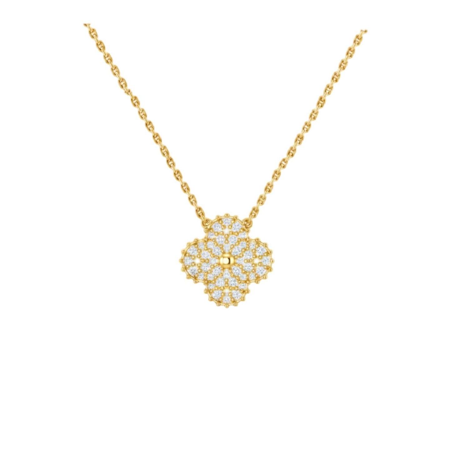Gold necklace with a floral pendant on a white background