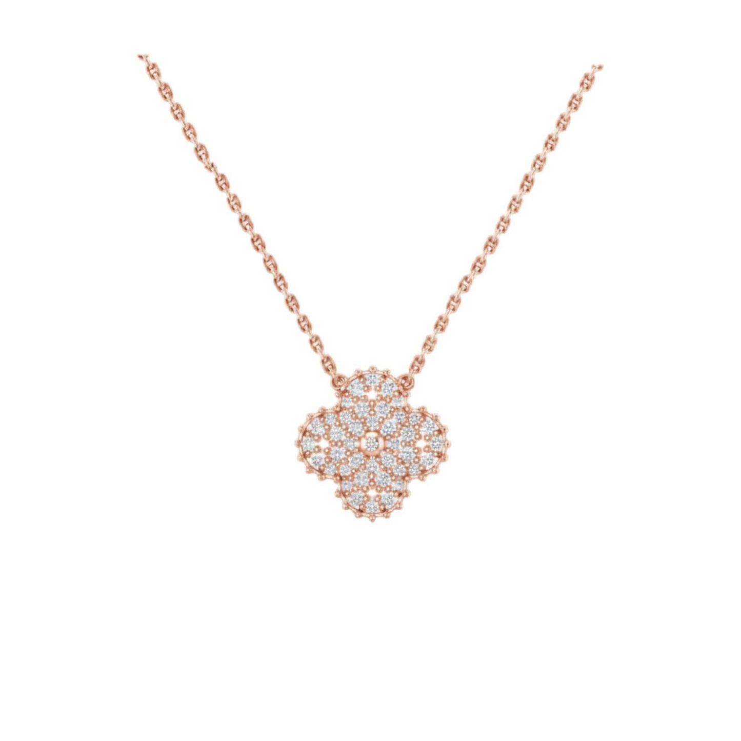 Rose gold necklace with a diamond pendant on a white background