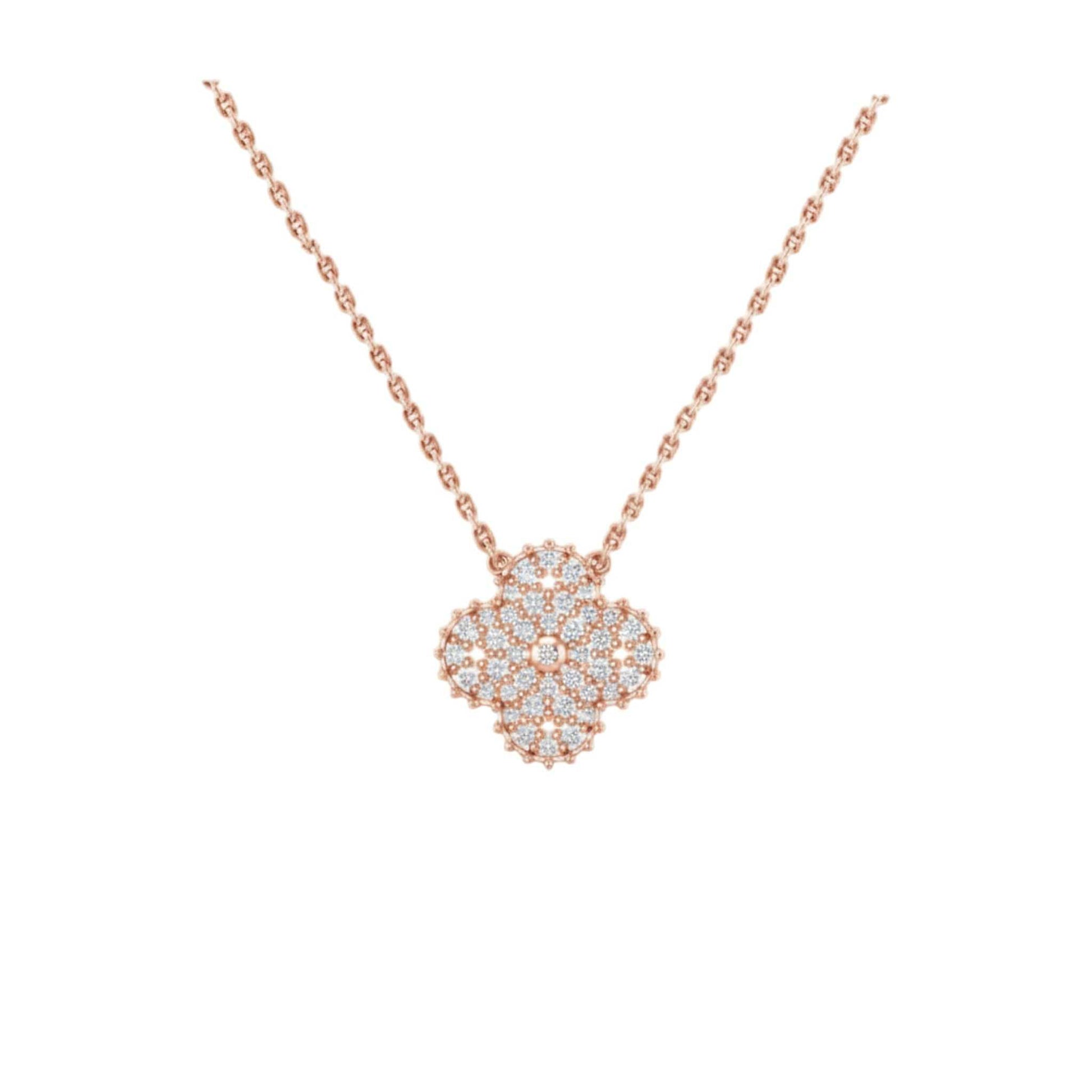 Rose gold necklace with a diamond pendant on a white background