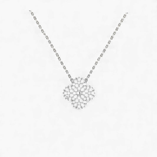 Silver necklace with a floral pendant on a white background