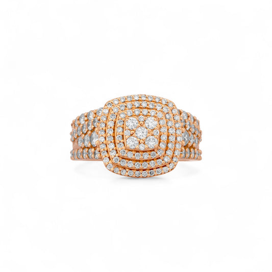 Rose gold ring with diamonds on a white background