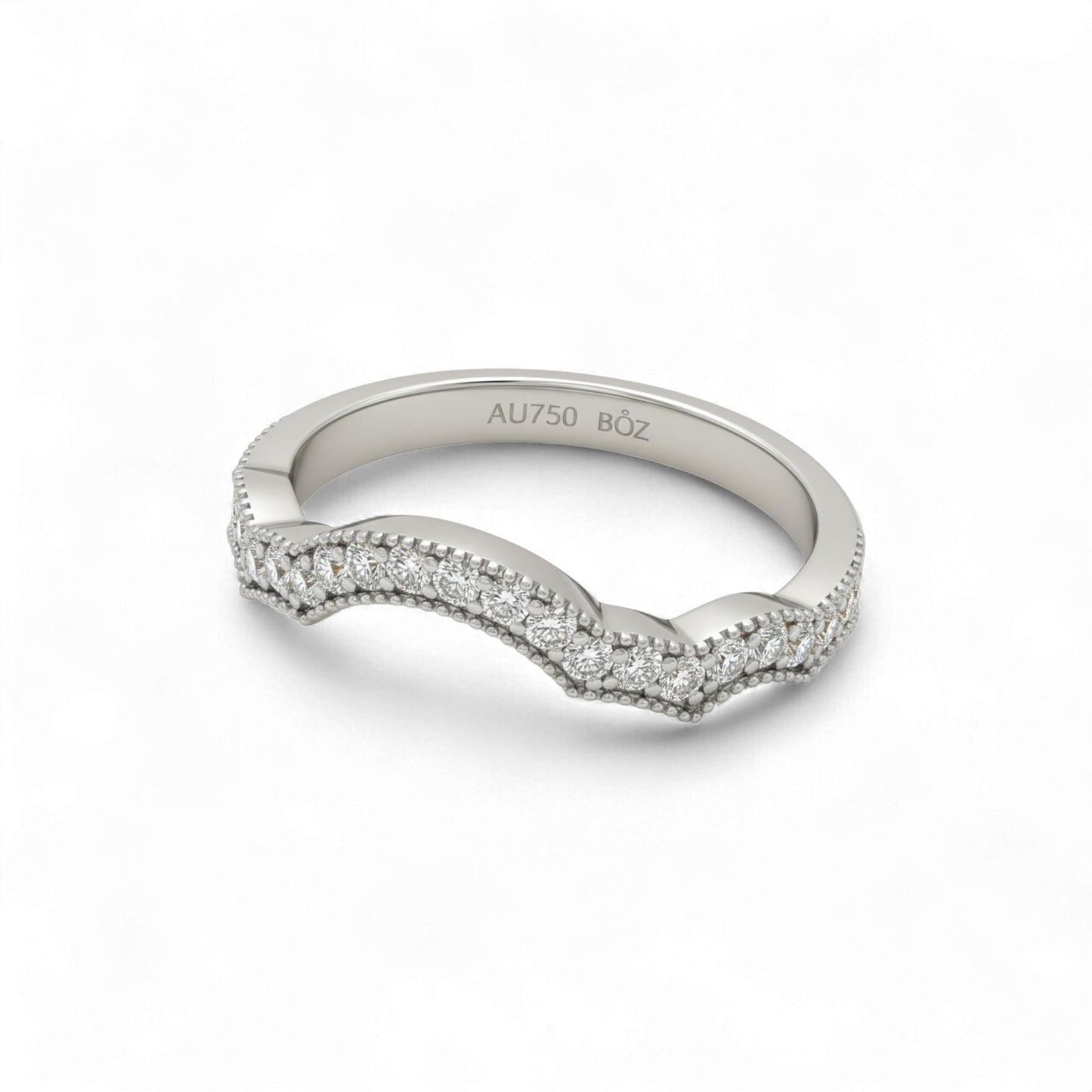 Silver ring with diamond accents on a white background