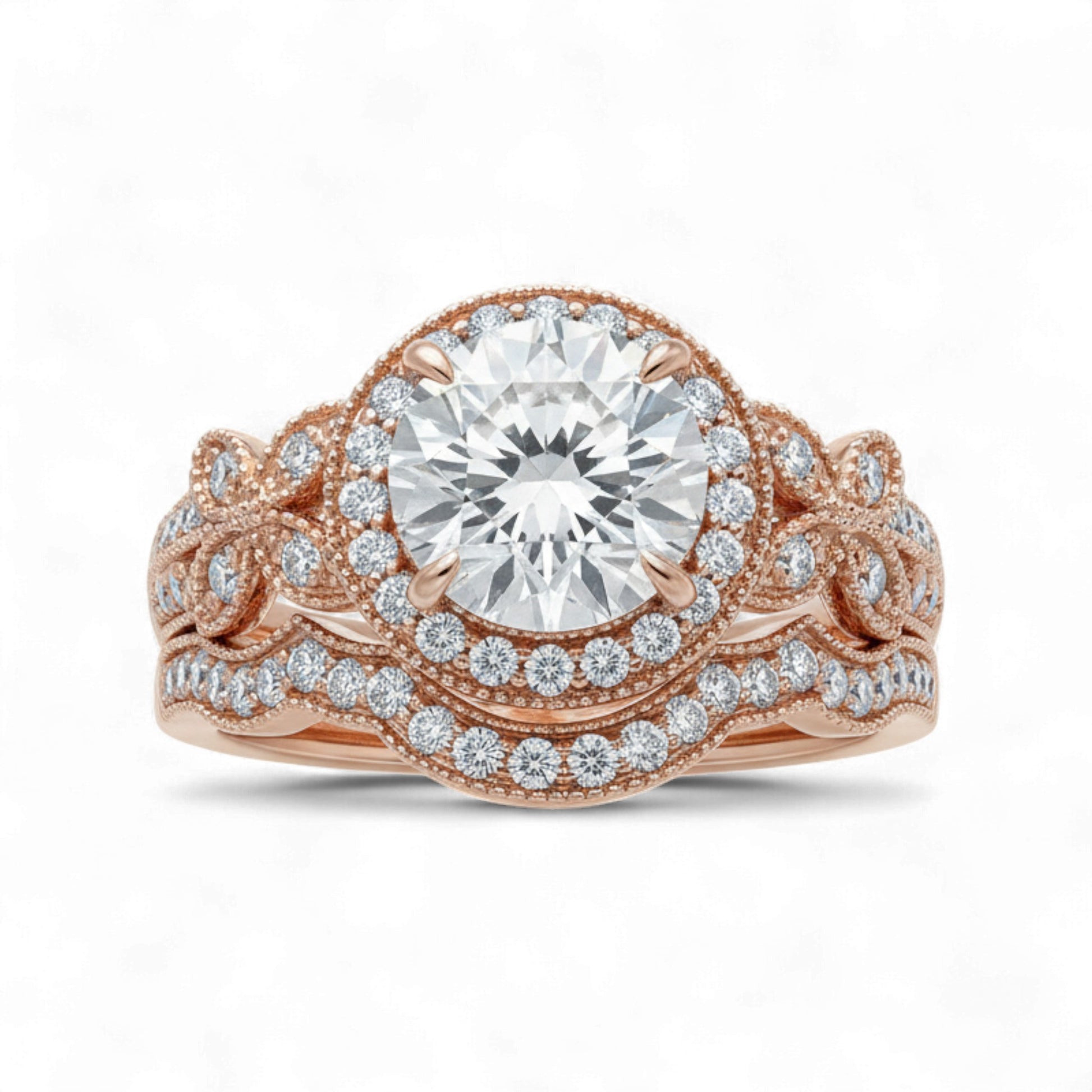 Rose gold ring with a large diamond and smaller diamonds on a white background