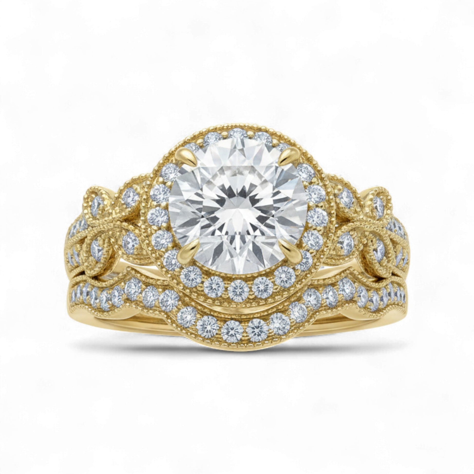 Gold ring with a large diamond and smaller diamonds on a white background