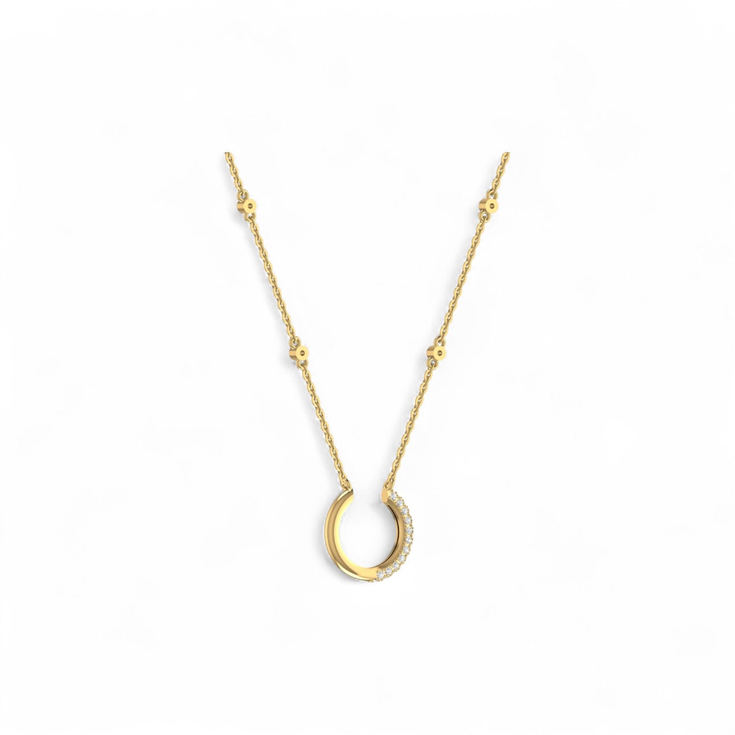 Gold necklace with a unique pendant on a white background