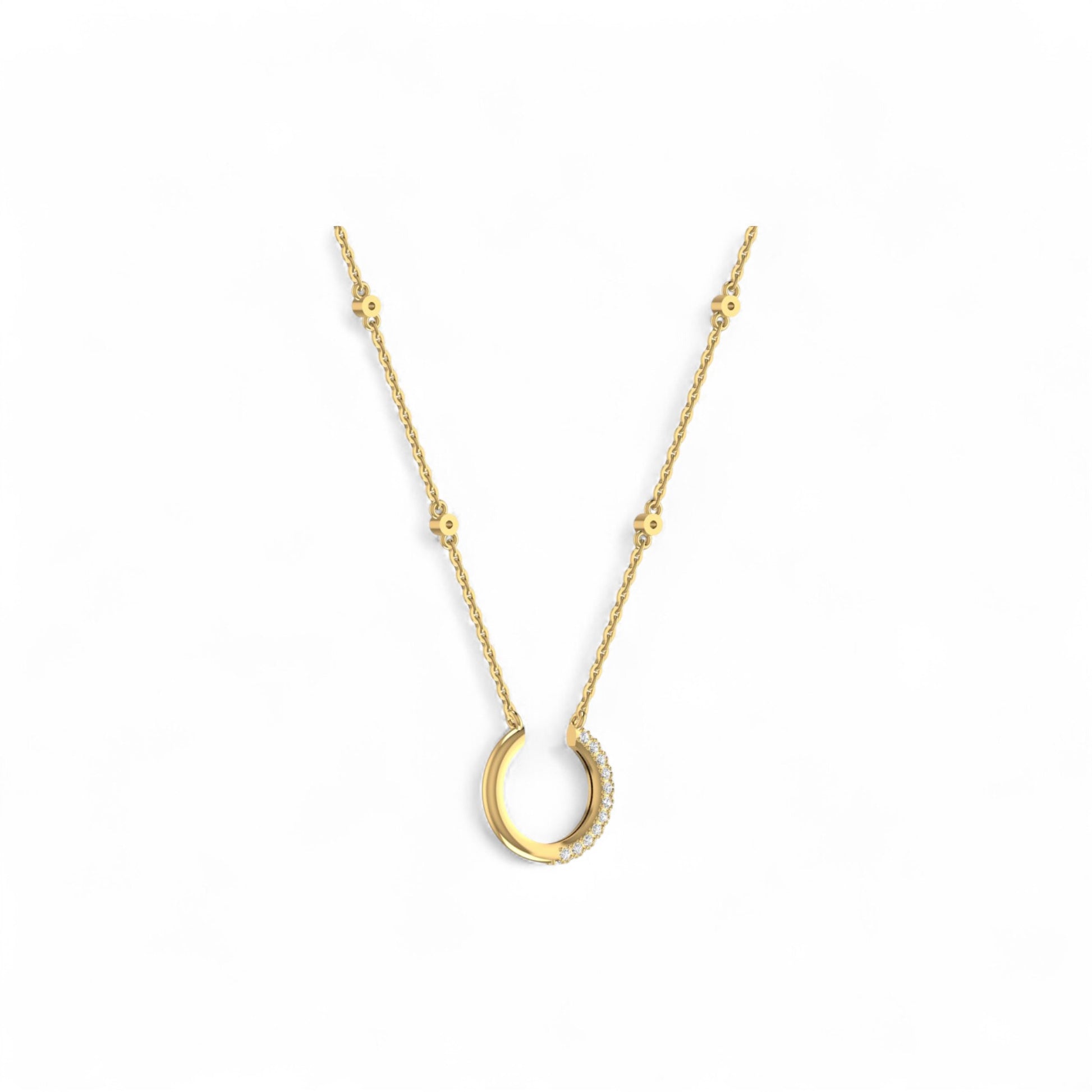 Gold necklace with a unique pendant on a white background