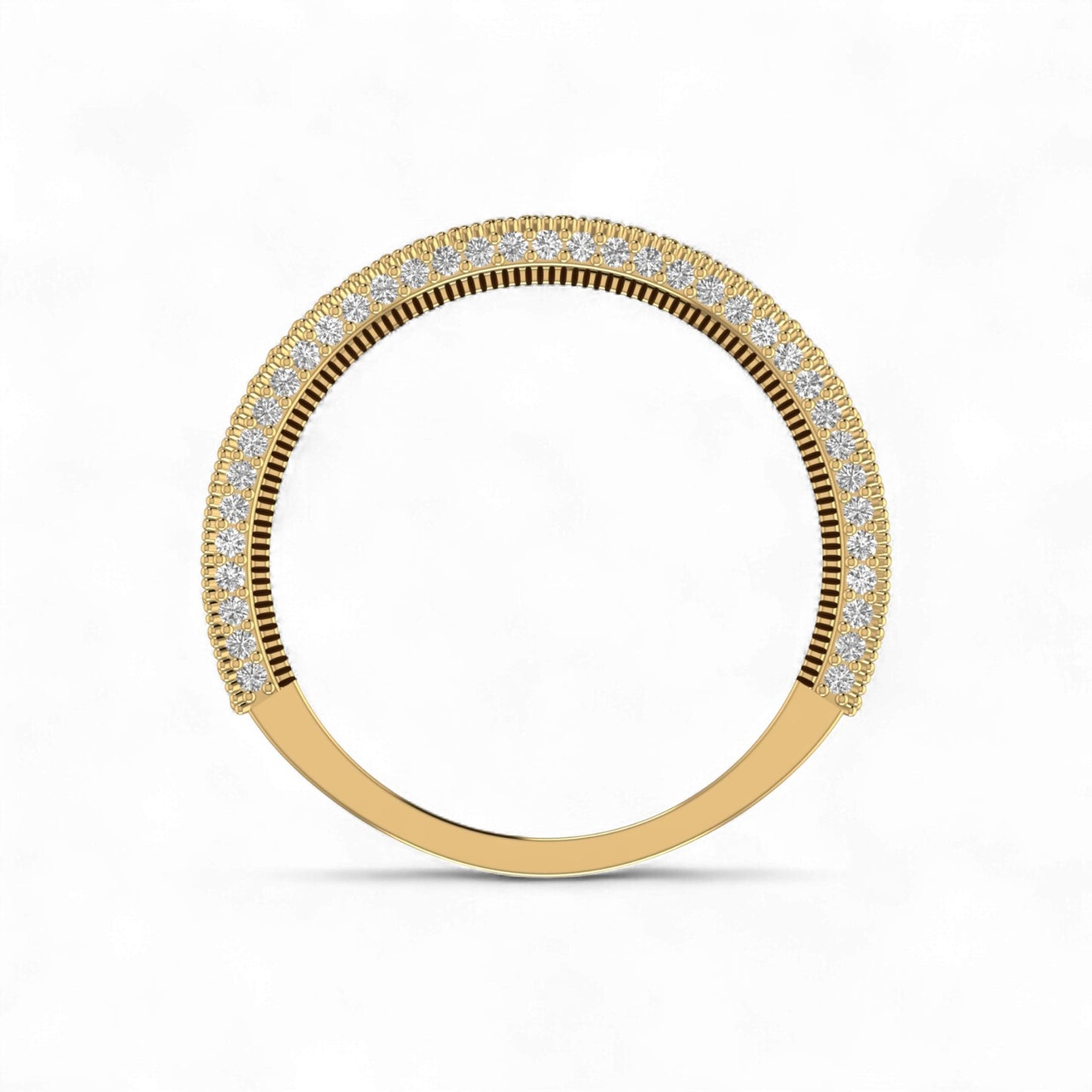 Gold ring with diamond accents on a white background