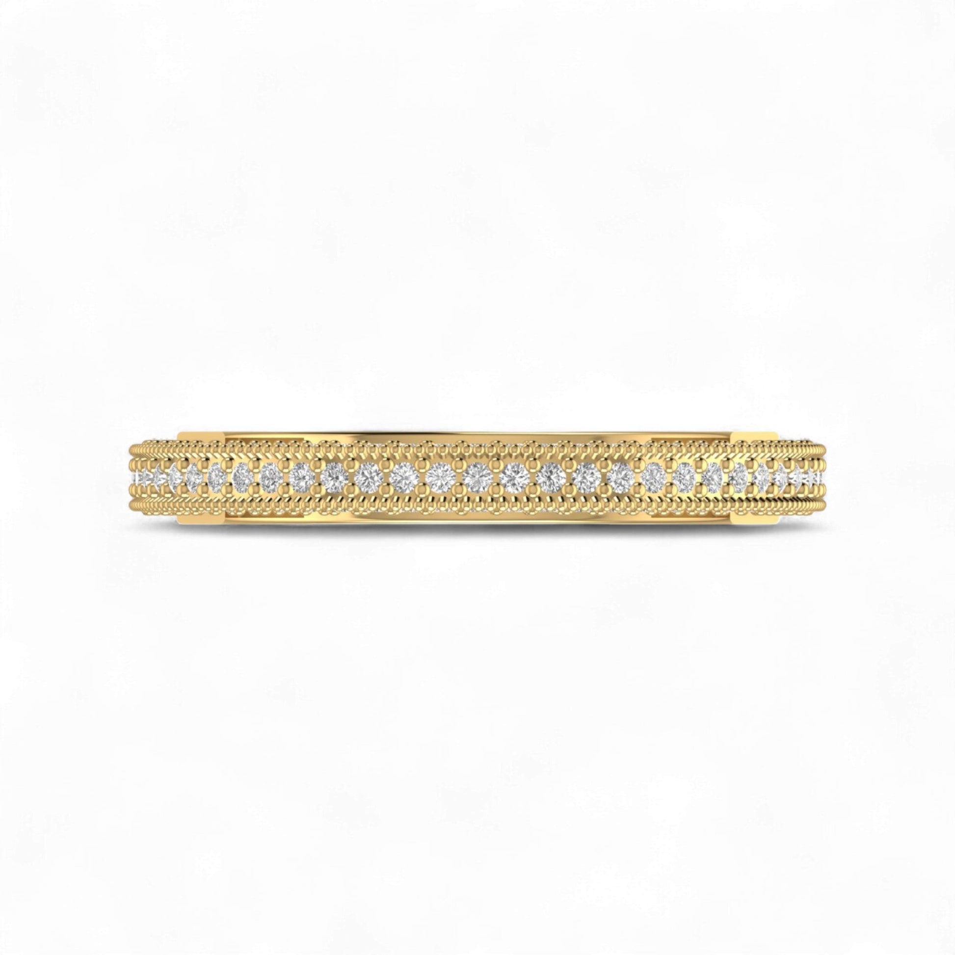 Gold ring with embedded diamonds on a white background